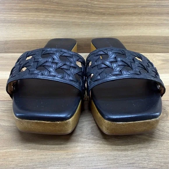 Tory Burch Basketweave Wooden Slides Womens 10.5 M Black Leather Slip On Clog - Picture 4 of 11